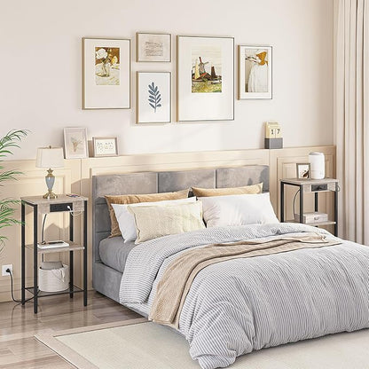 HOOBRO Tall End Table with Charging Station, 30 Inch Tall Nightstand, 3-Tier Small Side Table with Adjustable Shelf, for Living Room, Bedroom, Hallway, Greige BG09UDH01G1