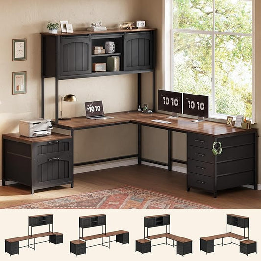 SEDETA Farmhouse L Shaped Office Desk with 6 Drawer, Reversible Computer Desk with Power Outlet, Hutch for Home Office/Two Person, Corner Desk with File Drawer & Printer Storage Shelves, Black