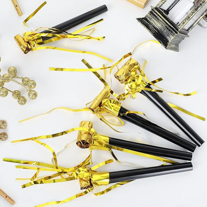 100Pcs New Years Noise Makers Party Favors, Metallic Fringed Party Blowers, Gold New Years Eve Supplies Party Horns NYE Blowers for Adults Women Men Eve Family Gathering