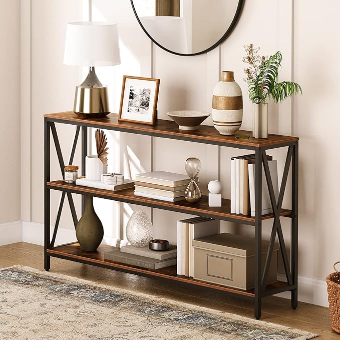 55" Sofa Table, Industrial Console Table, 3-Tier Narrow Side Table with Open Shelves, Foyer Table for Entryway, Hallway, Kitchen, Living Room and Bedroom, Rustic Brown CTHR80401