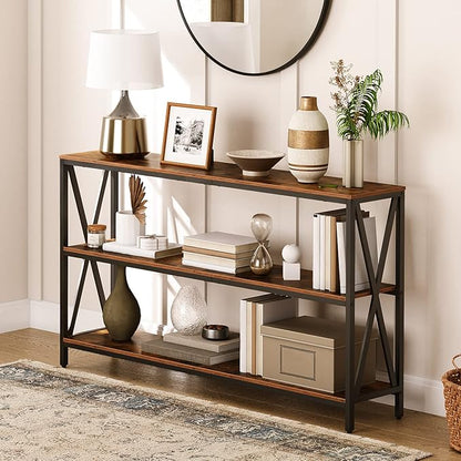 55" Sofa Table, Industrial Console Table, 3-Tier Narrow Side Table with Open Shelves, Foyer Table for Entryway, Hallway, Kitchen, Living Room and Bedroom, Rustic Brown CTHR80401