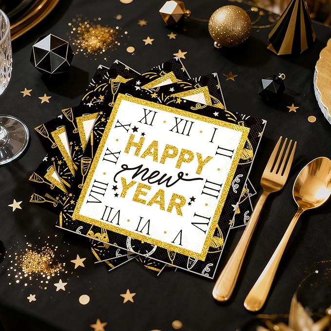 New Years Eve Party Supplies 2026-96 PCS Happy New Years Plates and Napkins Set-Nye Party Supplies Includes Happy New Year Plates Napkins Cups Nye Table Decorations 2026