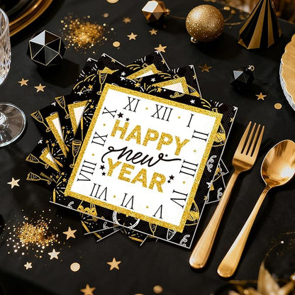 New Years Eve Party Supplies 2026-96 PCS Happy New Years Plates and Napkins Set-Nye Party Supplies Includes Happy New Year Plates Napkins Cups Nye Table Decorations 2026