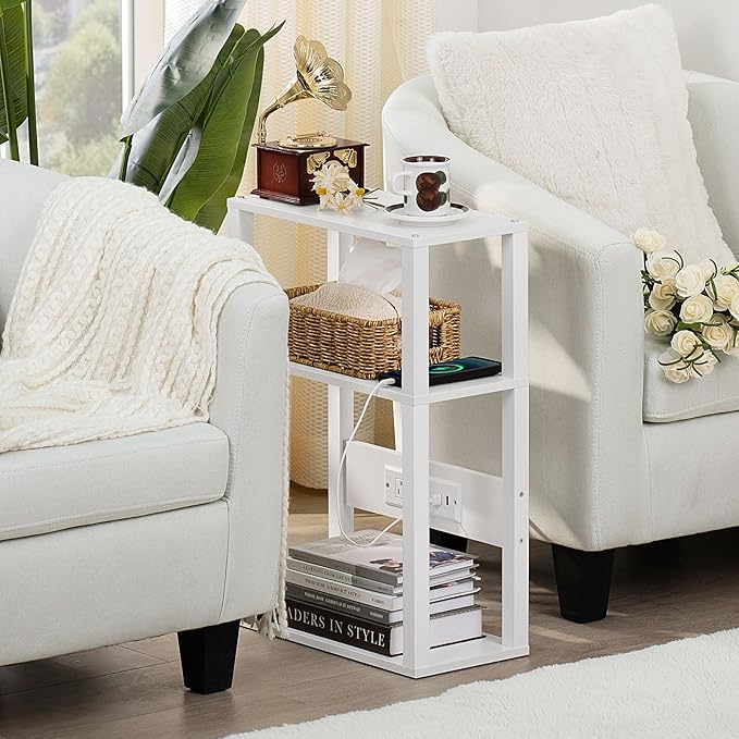 3-Tier Small Narrow Wood Side Table Set of 2 with Charging Station - Skinny Nightstand for Small Spaces, Slim Bedside Table with USB Ports and Outlets - Thin End Table with Storage, White