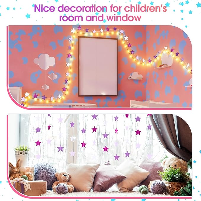 Patelai Glitter Star Garland Banner Christmas Decor 130 Feet Star Hanging Banner Twinkle Backdrop for Homecoming Classroom Wedding Birthday Halloween Party Supplies(Purple,White)