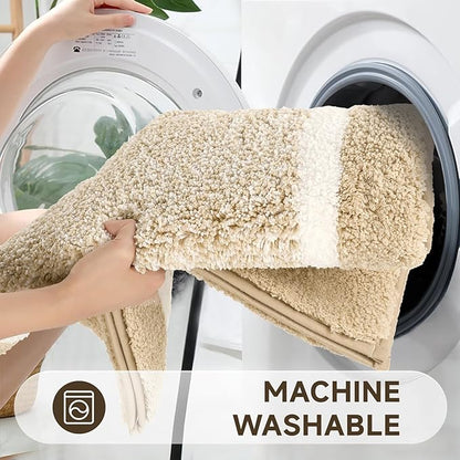 Pauwer 3 Pieces Bathroom Rugs Sets, Microfiber Shaggy Bath Mat Set, Ultra Soft Non-Slip Rug with U Shaped Toilet for Bathroom, Tub, Shower Washable Carpets Set,Beige