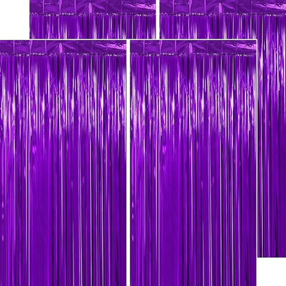 Thicken Purple Streamers 4 Pack 3.2 x 8.2 FT, Purple Birthday Decorations Tinsel Backdrop Curtains, Foil Fringe Photo Backdrop for Halloween, Graduation Party Decorations