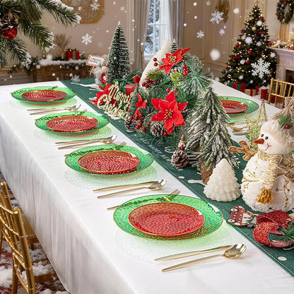 Rubtlamp 60 Pcs Christmas Plasitc Plates, Clear Green Red Plastic Plates With Gold Rim, Red Green Hammered-design, Include 30 Red Dessert Platos, 30 Green Dinner Platos, Perfect For Christmas