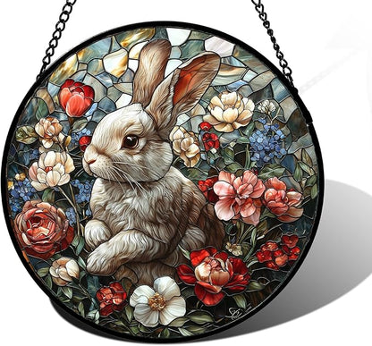 Stained Glass Window Hanging - Cute Rabbit Flowers Suncatcher Ready to Hang Window Doors Home Decoration, Christmas, Mother's Day Birthday Gifts for Women, Men, and Mom 7.8x7.8 in