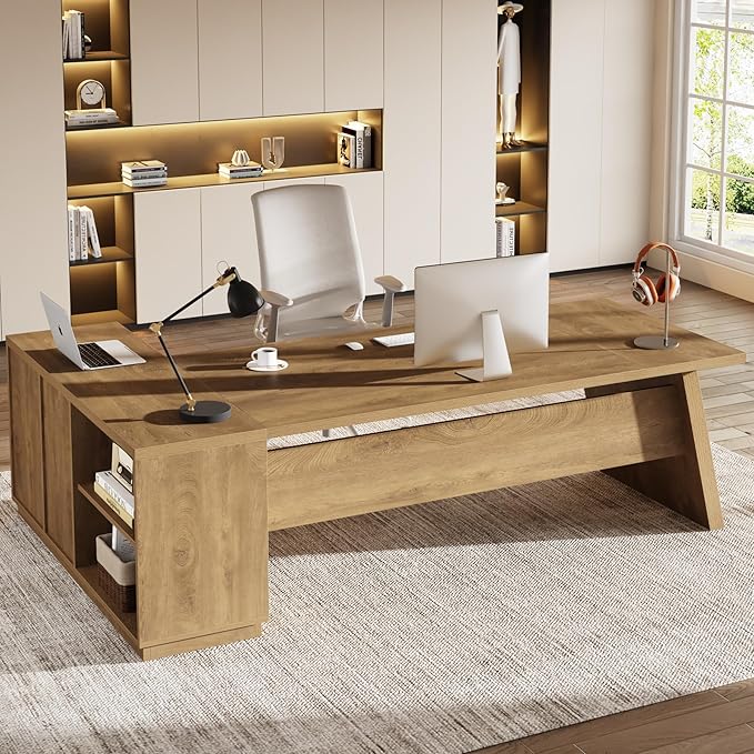 Tribesigns 78" L-Shaped Executive Desk, Large Modern Office Desk with Drawers and Lateral File Cabinet, Business Furniture with Storage Shelves, Big Computer Table for Home Office (Brown)