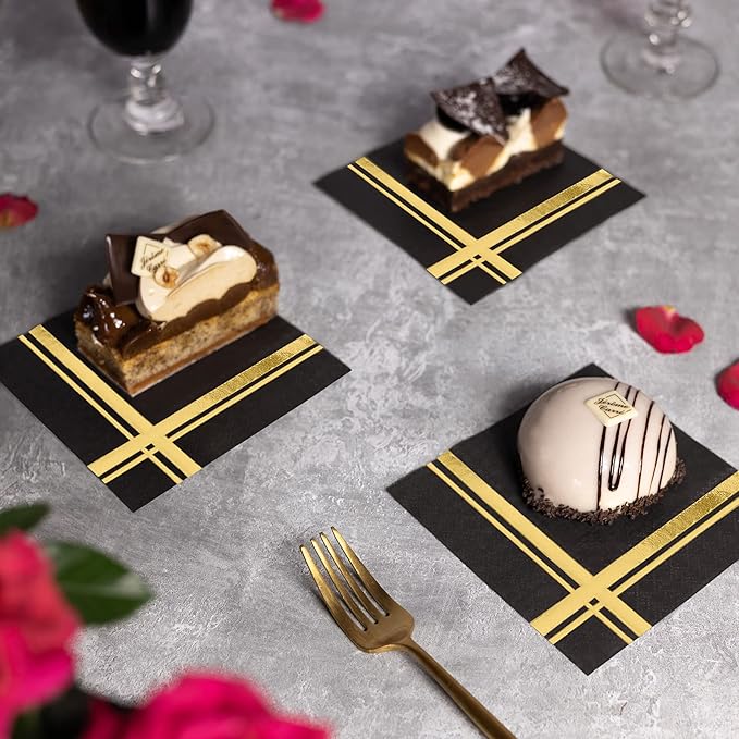 Gold on Black Cocktail Napkins - 100 Pack, 5" x 5", 3-Ply Paper - Style Name: Blissful Crossing