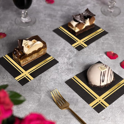 Gold on Black Cocktail Napkins - 100 Pack, 5" x 5", 3-Ply Paper - Style Name: Blissful Crossing