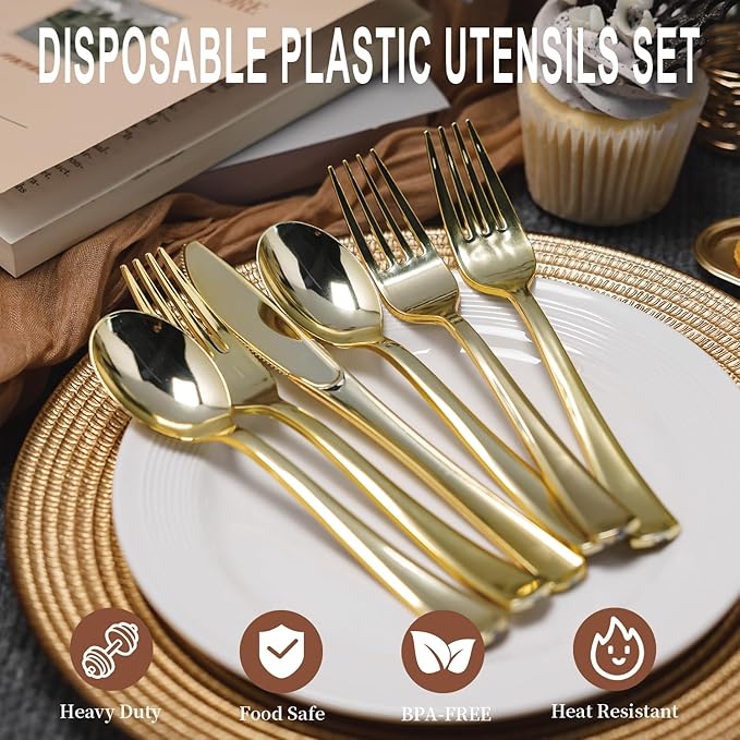N9R 200PCS Gold Plastic Silverware, Heavy Duty Disposable Cutlery Set for Parties, gold forks and spoons disposable Includes 100 Gold Spoons and 100 Forks for Weddings, Birthday, Dinners