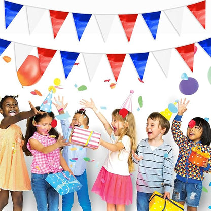 65FT White Blue Red Glitter Triangle Pennant Banner Flag Metallic Bunting Fabric Garland for Christmas Graduation, Independence Day, 4th of july, Patriotic Themed Party Decoration