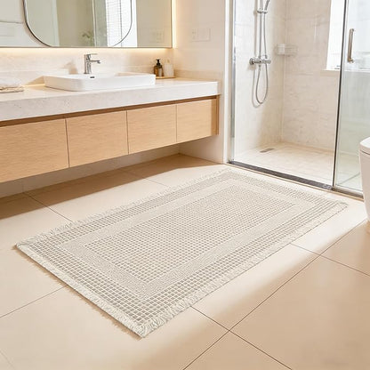 Waffle Bath Mat Non Slip, Boho Runner Rug, Super Absorbent Quick Dry Long Bath Runner Bathroom, Soft Farmhouse Bath Rug with Tassels, Washable Shower Mats for Floor 24"x48", Square Cream