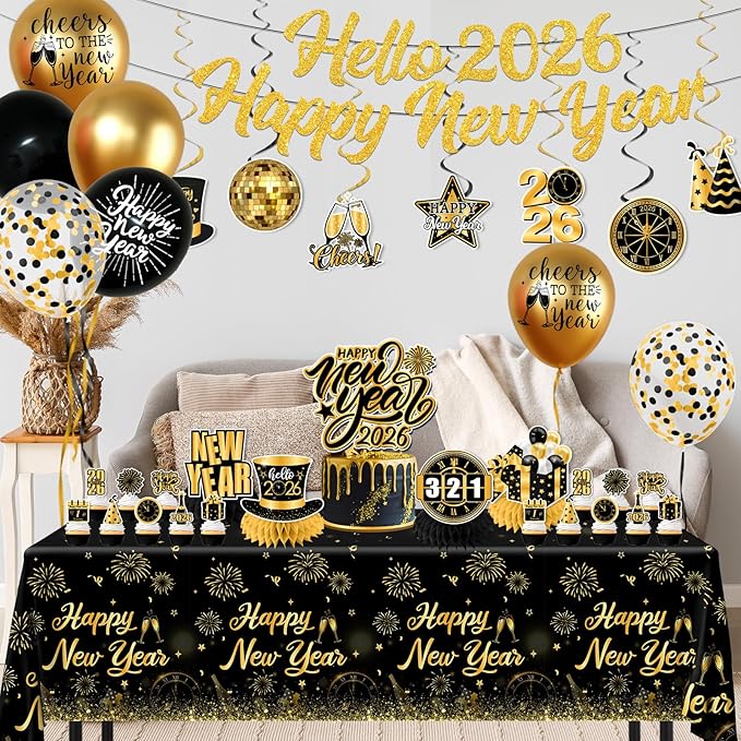 New Years Decorations 2026,new Years Eve Party Supplies Gold and Black Nye Party Decorations include Gold Number 2026 Banner,Tablecloth,Cup,Balloon,Cake Topper,Plates and Napkins for Happy New Years
