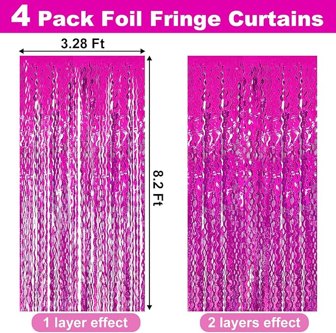 4 Pack Rose Red Fringe Curtain Backdrop 3.2Ft x 8.2Ft Metallic Tinsel Foil Fringe Streamers Background for Photo Booth, Easter, Mother's Day, Bachelorette, Wedding, Birthday Party Decoration
