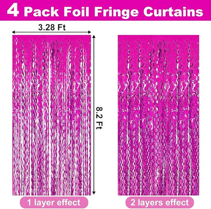 4 Pack Rose Red Fringe Curtain Backdrop 3.2Ft x 8.2Ft Metallic Tinsel Foil Fringe Streamers Background for Photo Booth, Easter, Mother's Day, Bachelorette, Wedding, Birthday Party Decoration