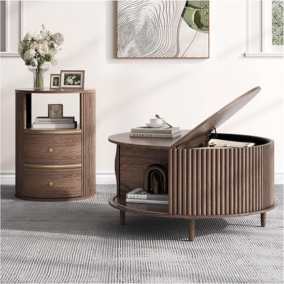 Round Coffee Table and End Table Set,31.5" Mid Century Modern Living Room Furniture, Walnut Fluted Center Table with Storage & Matching Side Table for Small Space