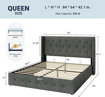 Allewie Queen Size Lift Up Storage Bed, Button Tufted Headboard with Wingback, Hydraulic Support, No Box Spring Needed, Dark Grey