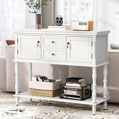 ARTPOWER Console Table with 2 Drawers, Retro Entryway Table with 2 Door Cabinets and Open Storage Shelf, Narrow Long Behind Couch Sofa Table for Living Room, Foyer, Hallway, White