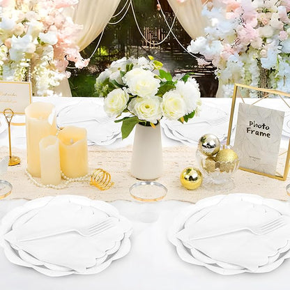 96 Pcs White Paper Plates and Napkins Set Party Supplies, Tableware set for 24 Guest include Disposable White Scalloped Plates, Napkins and Forks for Baby Shower Bridal Shower Wedding