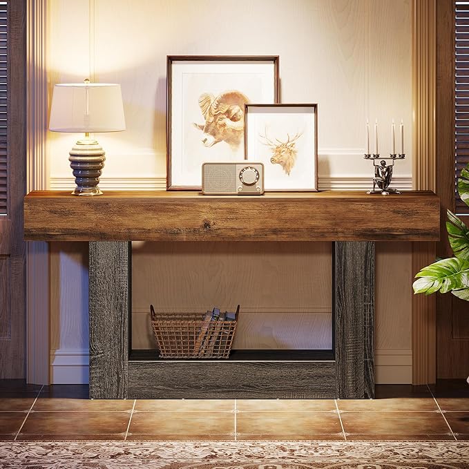 Tribesigns 63" Console Table, Farmhouse 2-Tier Entryway Table with U-Shaped Base, Narrow Long Wood Sofa Table Behind Couch Table for Living Room, Hallway, Foyer, Vintage Brown & Gray | Farmhouse, Entryway Table, Narrow, Long, Sofa Table, Behind Couch T...