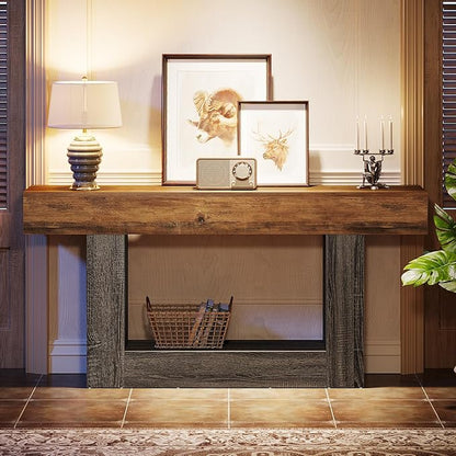 Tribesigns 63" Console Table, Farmhouse 2-Tier Entryway Table with U-Shaped Base, Narrow Long Wood Sofa Table Behind Couch Table for Living Room, Hallway, Foyer, Vintage Brown & Gray | Farmhouse, Entryway Table, Narrow, Long, Sofa Table, Behind Couch T...