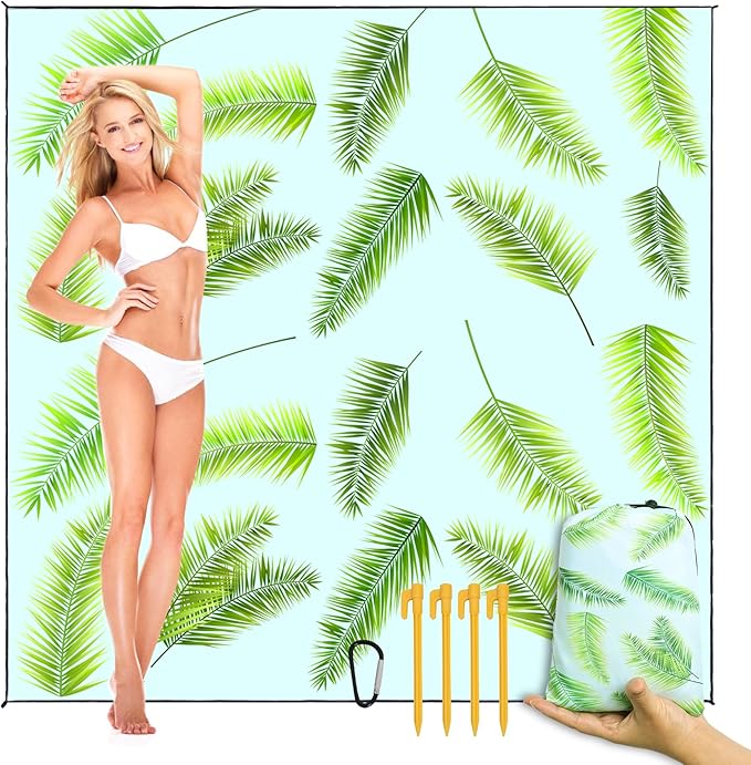 Beach Blanket waterproof sandproof beach mat 79" X 83" portable Quick Drying large essentials pincic mat for 2-4 adults have 4 Stakes & 4 Corner Pockets for camping outdoor travel(Hawai Leaves）
