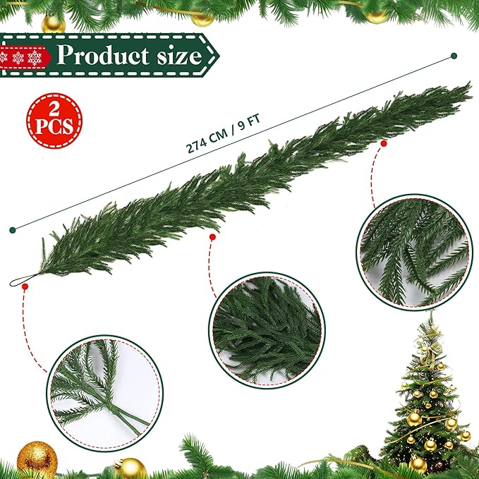 2 PCS-9FT Artificial Norfolk Pine Garlands - Real Touch Winter Pine Garland, Green Artificial Greenery Garland for Table, Mantle, Wall, Indoor, Outdoor Christmas Decorations