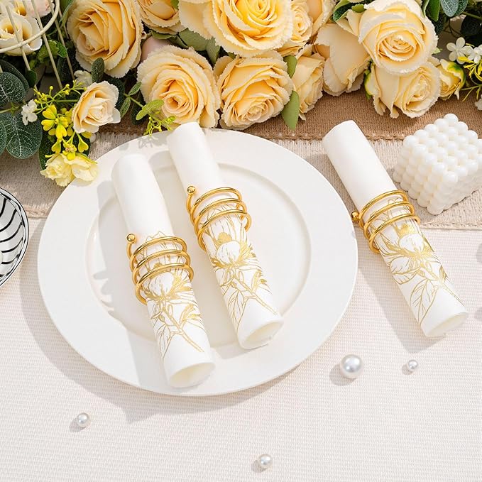 50 Pack Gold Magnolia Napkins - Gold Floral Disposable Napkins - Cloth-Like Feel Dinner Paper - Retro Heavy Duty Hand Towels for Bathroom Wedding Holiday Party Bridal Decorative Towels