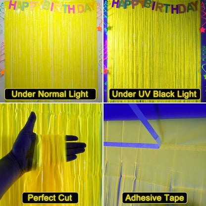2 Pack Glow in The Dark Party Supplies 3.3 x 6.6 ft Neon Party Decorations Fluorescent Macaron Yellow Tinsel Foil Fringe Curtains Photo Booth Prop Backdrop Streamers Blacklight Party Decor
