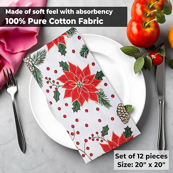 Urban Villa Cloth Napkins Set of 12(20x20 Inches)100% Cotton Napkins Cloth Washable Durable Reusable Absorbent Table Dinner Napkins Cloth for Christmas Hotel Lunch Restaurant Parties –Pine Cone Print