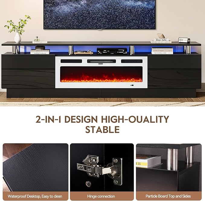 80" TV Stand for Living Room, Modern Entertainment Center & Media Console, Fits TVs up to 80", Storage Cabinet with Shelves, 36" Electric Fireplace with LED Flame(Black+White)