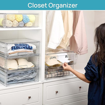 Vtopmart 6 Pack Large Stackable Storage Drawers,Easily Assemble Clear Acrylic Bathroom Closet Undersink Organizers,Plastic Storage Bins for Cabinet,Kitchen Pantry,Medicine Organization