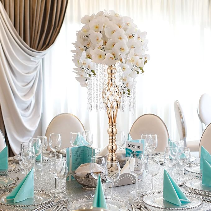 Amylove 10 Pcs Wedding Centerpieces Tall Vases - 21.7 Inch Gold Crystal Geometric Flower Stand, Elegant Table Decor for Wedding Reception, Party, Banquet, Hotel Decorations