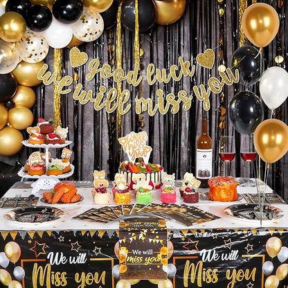 We Will Miss You Decorations, Going Away Party Decorations, Farewell Decorations Party Includes Black & Gold Balloons, Backdrop, Banner, Tablecloth, Plates, Napkins, Cake Toppers for Retirement