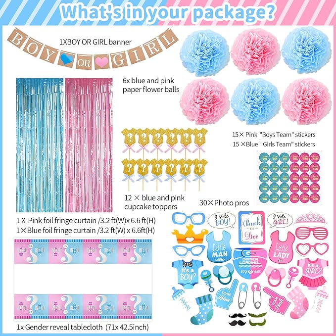 124 Pcs Gender Reveal Decorations Kit, Party Supplies With 36'' Balloon, Boy OR Girl Foil Balloon, Paper Pompoms, Tablecloth, Photo Props