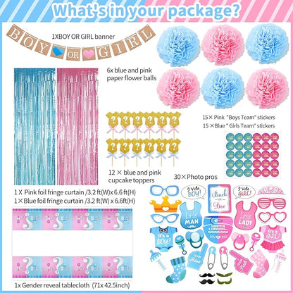 124 Pcs Gender Reveal Decorations Kit, Party Supplies With 36'' Balloon, Boy OR Girl Foil Balloon, Paper Pompoms, Tablecloth, Photo Props
