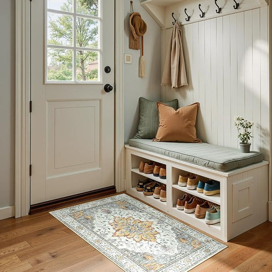 Area Rugs 2'x4' Kitchen Rugs Entry Rug Small Rugs for Entryway Kitchen Bathroom Door Mat Indoor Entrance,Washable Non Slip, Light Yellow Carbon Grey Orange
