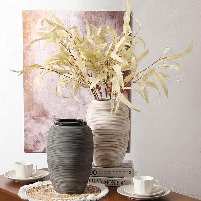 ALMA Wide Mouth Large Ceramic Vase, 12'' Tall White Rustic Pampas Grass Vase for Table Centerpieces, Boho Decorative Vase for Living Room, Farmhouse, Entryway, Mantel, Bookshelf, Home Decor