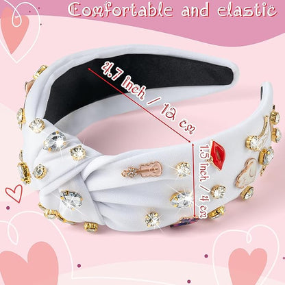PANTIDE Music Jeweled Knotted Headband - Singer Fans Gift Guitar Red Lip Rhinestone Crystal Embellished Headband Wide Top Knot Fashion Hairband Birthday Back To School Gift for Women Girls (White)