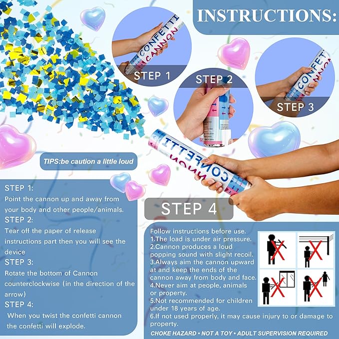 4 Pack Gender Reveal Confetti Cannon, 12 in Blue Square Shaped Paper Party Poppers Cannons, Confetti Poppers For Baby Boy Girl Gender Reveal Baby Showers (Square, Blue)