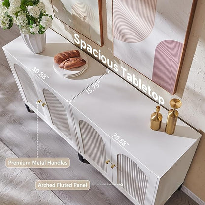Modern Buffet Cabinet with Storage, 123.5" W Fluted Arched Sideboard Cabinet w/Adjustable Shelves, Wooden Modular Coffee Bar for Dining Room, Kitchen, Living Room, Entryway, White