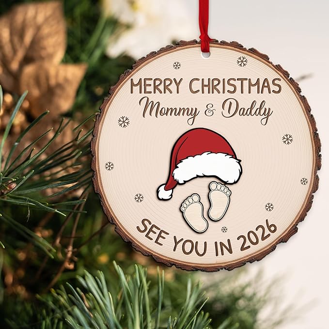 Baby Expecting See You in 2026, Merry Christmas Mommy and Daddy 2 Layered Wooden Ornament, Baby Coming Soon, Pregnancy Announcement Ornament