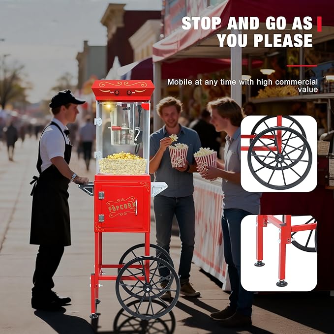 Vintage Theater Popcorn Machine with Cart - 8 Oz Commercial Kettle Makes 32 Cups, with Wheels & Warming Light for Home Theater, Parties & Office, Red