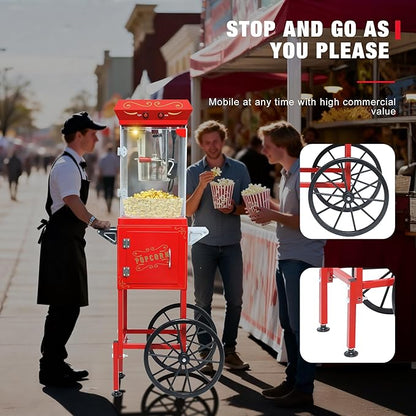 Vintage Theater Popcorn Machine with Cart - 8 Oz Commercial Kettle Makes 32 Cups, with Wheels & Warming Light for Home Theater, Parties & Office, Red