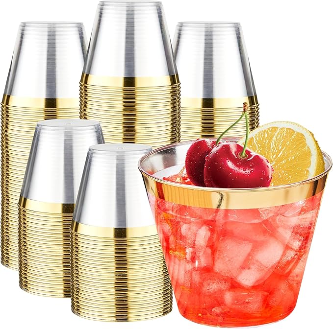 RACETOP 9 oz Clear Disposable Plastic Cups with Gold Rim [200 Pack], Gold Rimmed Plastic Cups Tumblers, Heavy-duty Party Glasses, Disposable Cups