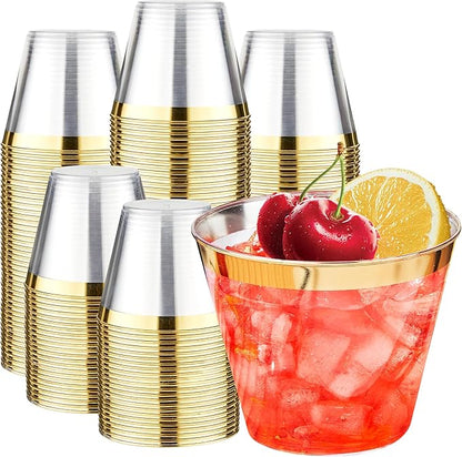 RACETOP 9 oz Clear Disposable Plastic Cups with Gold Rim [200 Pack], Gold Rimmed Plastic Cups Tumblers, Heavy-duty Party Glasses, Disposable Cups