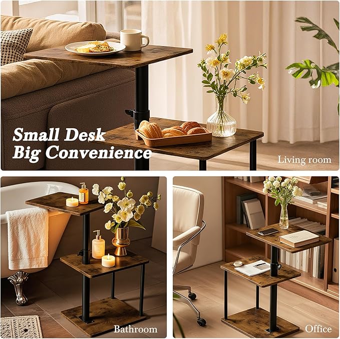 360° Swivel Side Table for Height Adjustable, C Shaped End Table for Couch with Storage, 3-Tier Night Stand with Open Shelf, Tv Tray for Small Spaces, Living Room, Bedroom, Rustic Brown